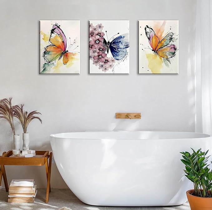 JiazuGo Butterfly Wall Decor - Colorful Butterfly Canvas Wall Art for Girls Bedroom Modren Butterflies Nursery Decor Posters Artwork Bathroom Home Decorations 12" X 16" X 3 Pieces