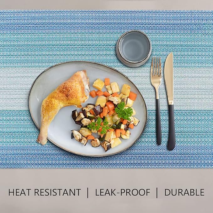HeloHo Blue Placemats Set of 8,Vinyl Table Place Mats Stain Resistant Foldable Placemats Washable Wipeable Placemat for Kitchen Dining Table Decoration Indoor Outdoor.