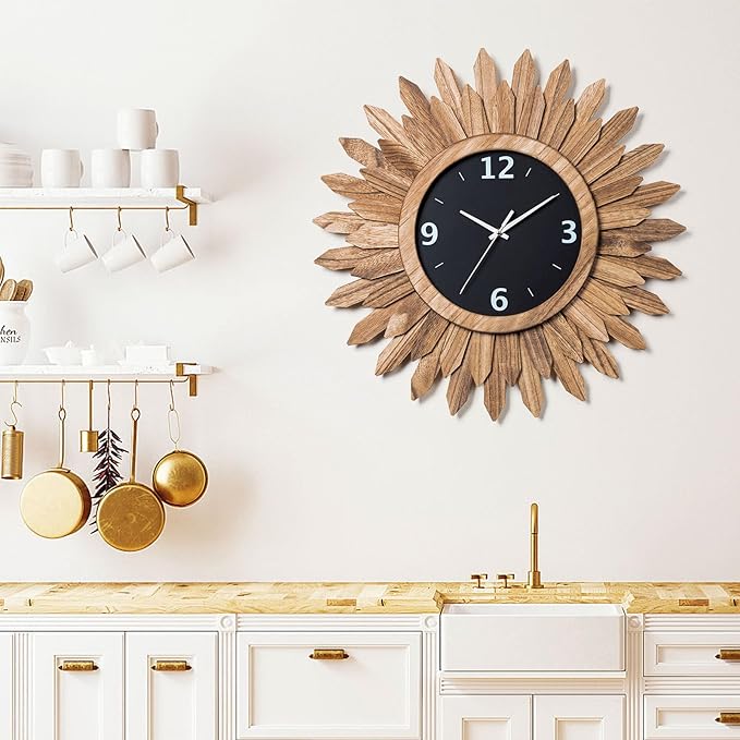Honiway 16 Inch Wall Clocks, Rustic Wood Boho Sunburst Decorative Wall Clock Battery Operated Silent Non Ticking Farmhouse Large Wall Clocks for Living Room Kitchen Bedroom Home Decor (Rustic Brown)