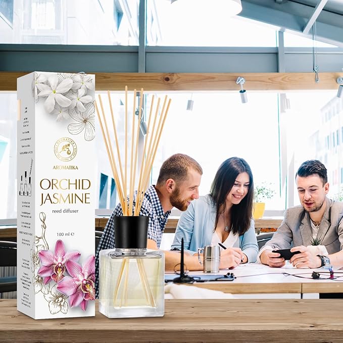 Reed Diffuser Orchid-Jasmine 3.4 Fl Oz - Fresh & Long Lasting Fragrance - Gift Set with 10 Bamboo Sticks - Good for Aromatherapy - Spa - Home - Kitchen - Bath - Office