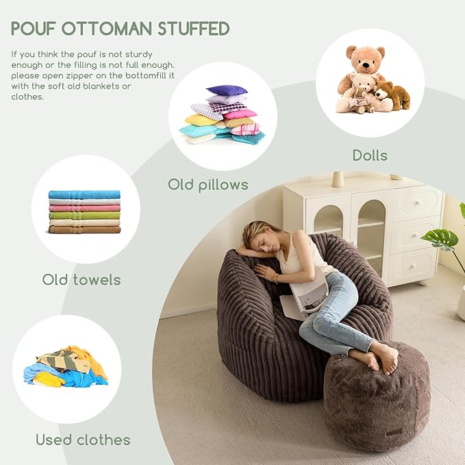 HIGOGOGO Pouf Stuffed Ottoman Round Modern Foam Filled Foot Rest Chair Decorative Poufs 26 x 18 Inches Fluffy Boho Comfy Stool for Living Room, Brown