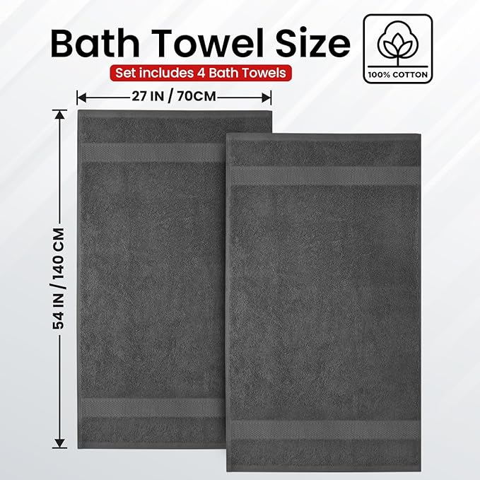 Infinitee Xclusives Premium White Bath Towels for Bathroom Set of 4 (27x54 Inches), 100% Soft Ring-Spun Cotton Bathroom Towels (Shadow Grey, Bath Towels)