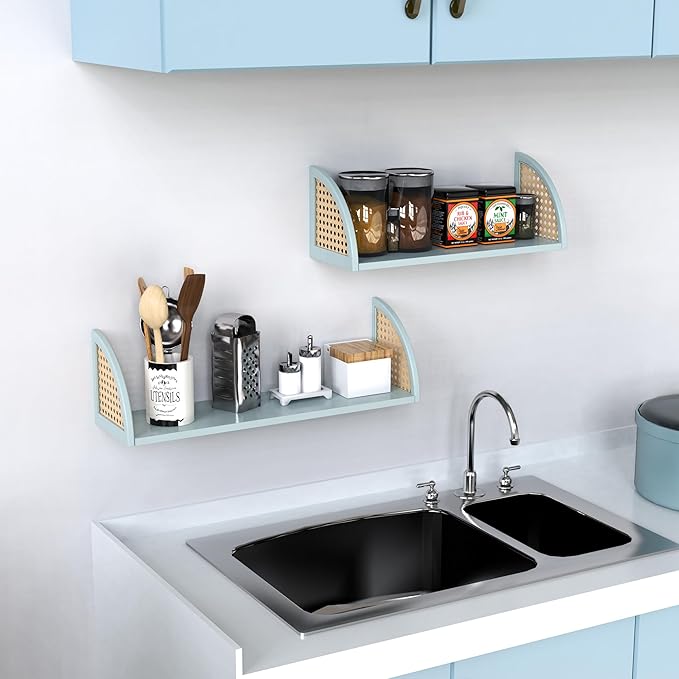 Floating Shelves for Wall,Rattan Wall Mounted Shelves for Wall Decor,Sturdy Wood Bathroom Shelves for Kitchen,Bedroom,Living Room,24.8 * 7.68 inch,Set of 2,Blue