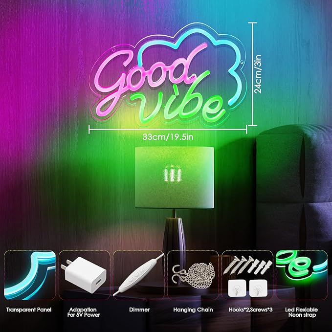 Good Vibe Neon sign Led Neon Lights Pink Wall Decor for Bedroom Led Sign USB Powered for Wall Decor Dimmable for Christmas Thanksgiving Birthday Party Girls Gifts