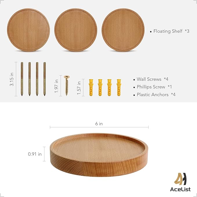 AceList 3-Pack Round Floating Shelves for Wall Decor, 6'' Diameter Beech Wood Floating Shelf, Cup Plant Wall Shelves for Bedroom, Bedroom, Living Room, Bathroom, Kitchen