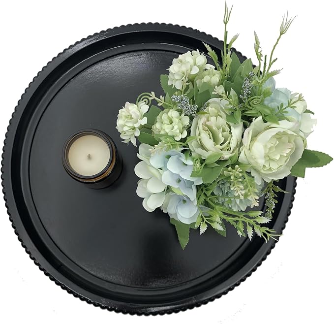 Round Wood Decorative Tray, Small Beaded Tray for Dresser Coffee Table Kitchen Corner Dinning Table, Modern Round Wooden Tray for Centerpiece (Black, 13.4''X13.4'')