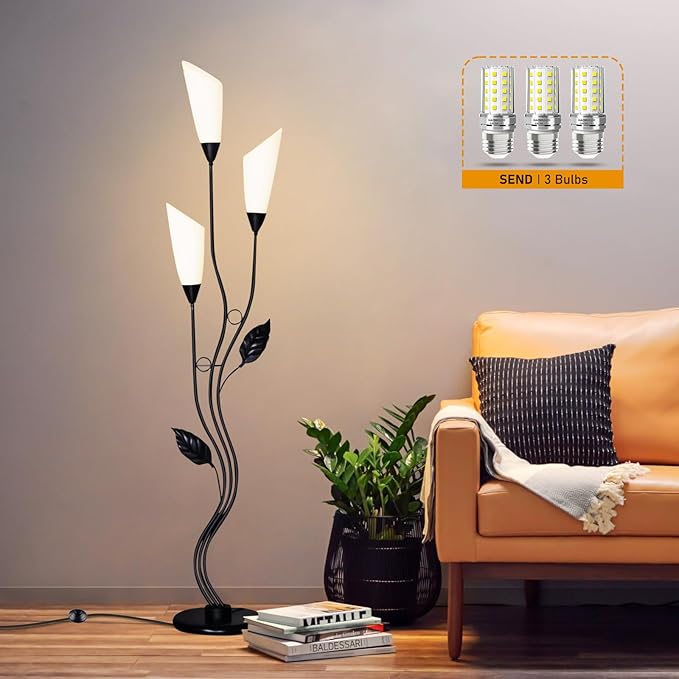 JBZ Flower Floor Lamp for Living Room, 62" Tall Pole Lamp with Foot Switch, with 3 Heads Dimmable LED Lamps for Farmhouse Rustic Bedroom Office, with Plug and 1200LM, 3 Color Temperatures E27