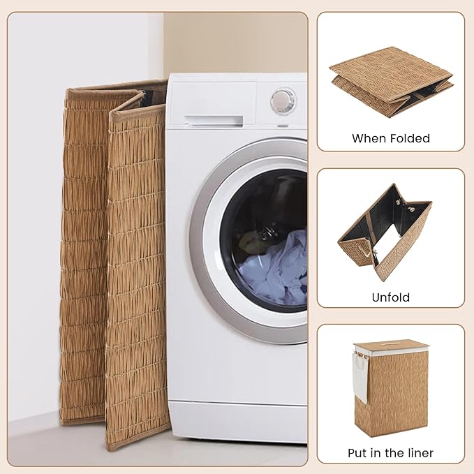 Laundry Hamper with Lid, 55.5 Gallon (210L), Large Handwoven Rattan Laundry Basket, 3 Section Clothes Hamper with Handles, 2 Removable Liner and Side Pocket, Natural