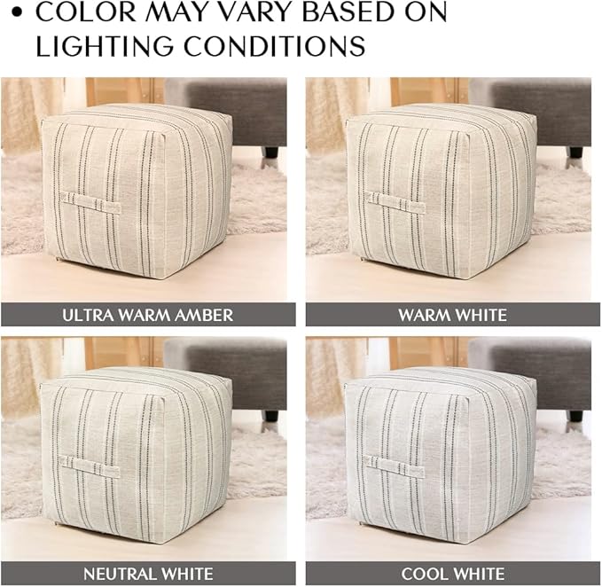 AELS Unstuffed Farmhouse Pouf Cover for Living Room, Boho Storage Bean Bag Cubes, Beige with Gray Stitch Yarn Dyed Stripe Linen Square Ottoman Pouf Foot Rest Footstool, 18"x18"x18", Cover ONLY