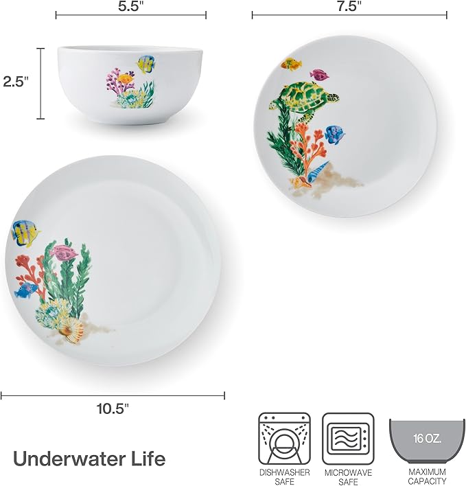 Studio Nova Coastal Ocean Underwater Life 12 Piece Dinnerware Plate Bowl Set, Service for 4