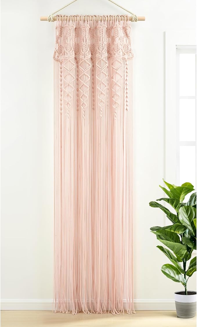 Lush Decor Boho Macrame Textured Cotton Window Curtain Panel, Single Panel, 40" W x 84" L, Blush - Doorway Curtain - Room Divider, Wedding Or Wall Decor - Boho Curtain - Macrame Curtains for Windows