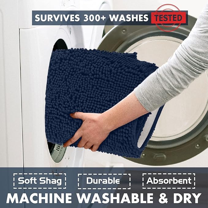LuxUrux Bathroom Rugs Sets 2 Piece: Quick Dry, Soft Plush Anti-Slip, Super Absorbent. Includes Rectangular (31x20 inches) & U-Shaped Toilet Mat (20x20 inches) | Navy
