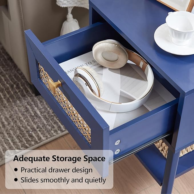Mid Century Modern End Table for Living Room, Small Side Tables with Charging Station, Outlets and USB Ports, Blue Wood Nightstand with Storage Drawer and Open Shelf