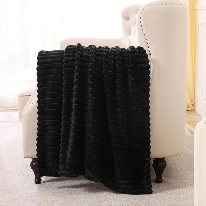 Black Fleece Throw Blanket 50”×60” for Couch Sofa Bed,Super Soft Cozy Plush Microfiber Flannel Blanket with Stripes Design Lightweight for Adults,Woman,Girls