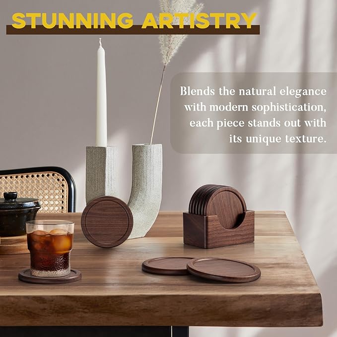 Wood Coasters with Holder, GOH DODD Set of 6 Walnut Wooden Coaster Tabletop Protection for Drinks Coffee Table Home Kitchen Office Bar Living Room Decor Housewarming Gifts Wedding Party, 3.7 Inch