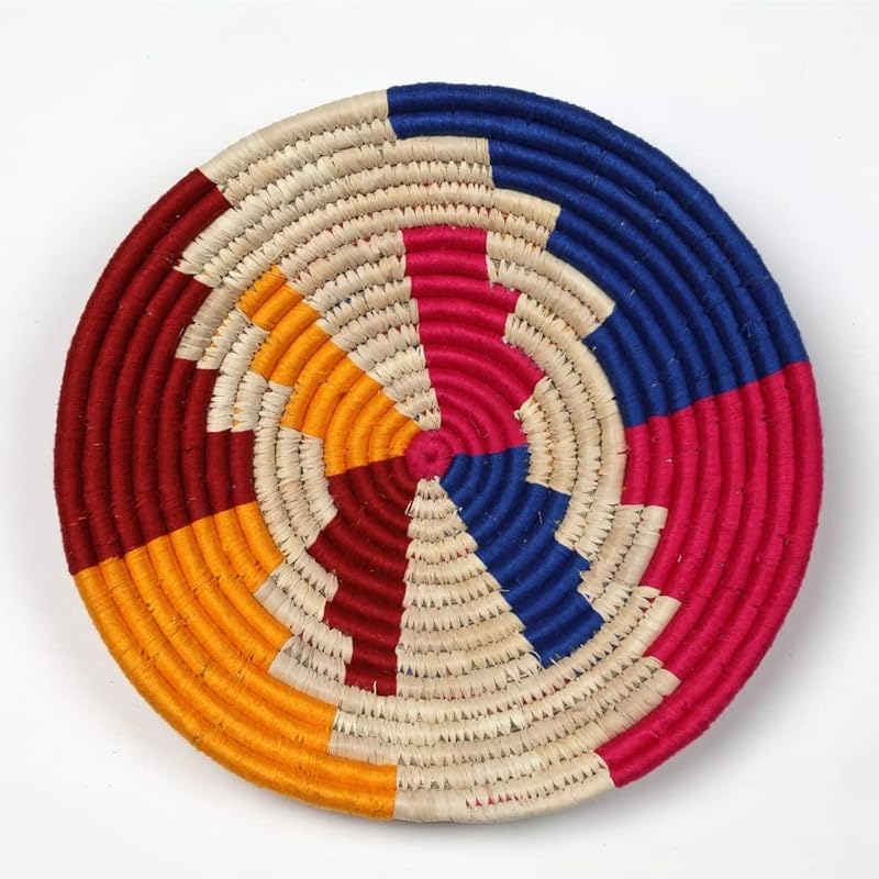 Set of 3 Round Boho Hanging Wall Basket Home Decor for Bedroom, Kitchen, Farmhouse Handmade Decorative Unique Indian Wall Decor Woven Wicker Baskets Christmas Gifting(Yellow Red Blue, Bright)