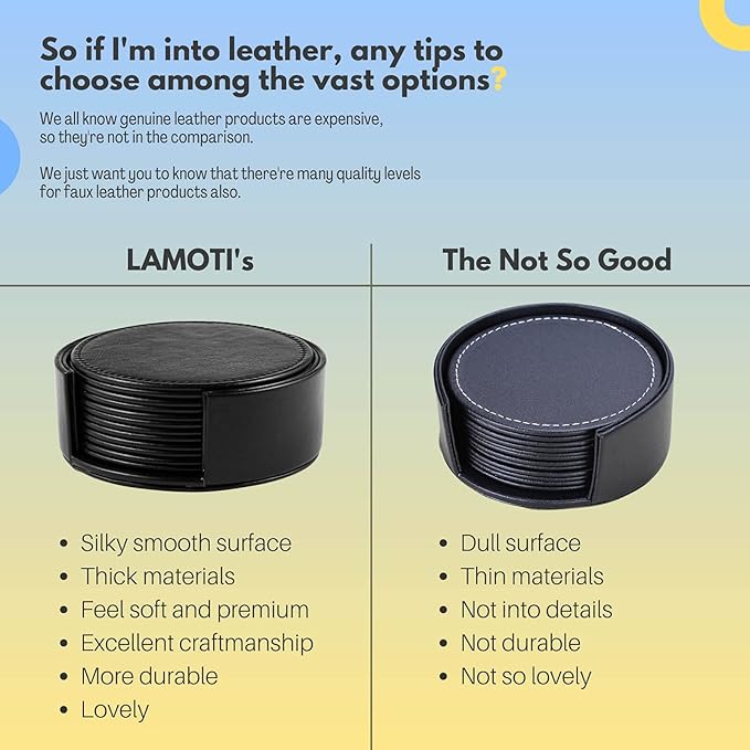 Leather Coasters for Drinks, 4" Drink Coasters Set of 6 with Holder for Tabletop Protection, Handmade Luxurious Home Décor and Housewarming Gift (Black)