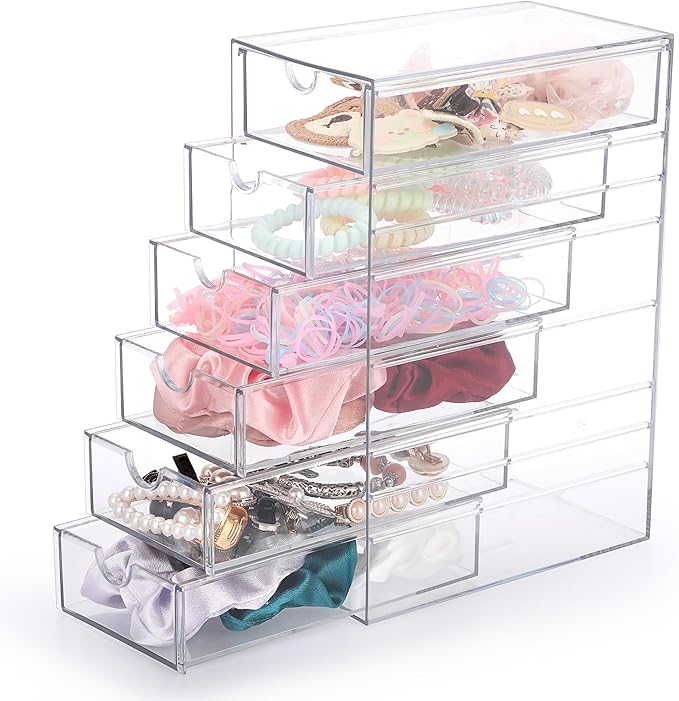 Hipiwe Plastic Drawer Organizer Clear Desktop Drawers Box with 6 Pull Out Drawer Compact Storage Box for Cabinet Vanity Bathroom Bedroom Pantry Shelf Office or Closet Organization