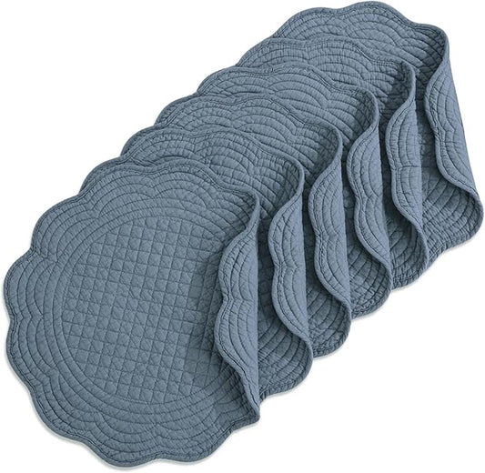 HOMBYS Quilted Placemats Set of 6 Washable Round Placemats for Kitchen Table-100% Cotton Fabric 13 Inch Round Table Mats, Cotton Fabric with Microfiber Filling, (13"x13", Blue)