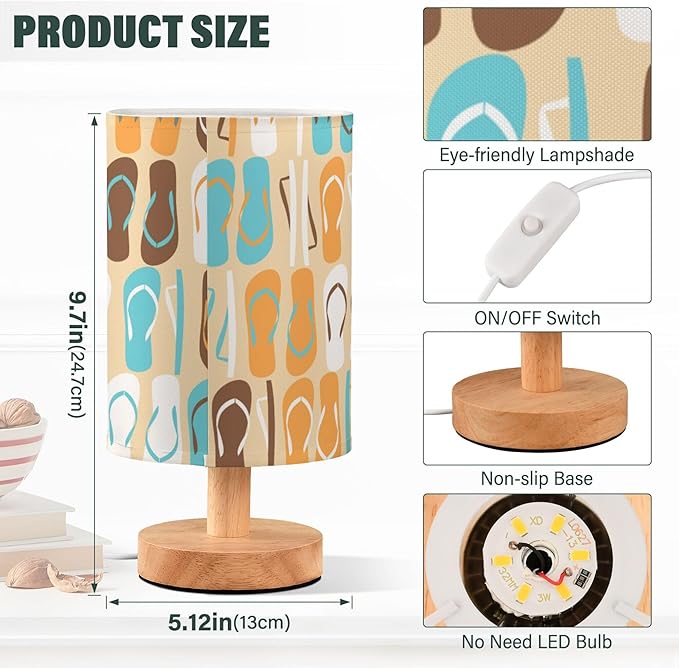 Table Lamp Flip Flops Summer Pattern Nightstand Lamp with Wood Base Fabric Lamp Shade Bedside Desk Lamp for Living Room Bedroom Kids Room Office