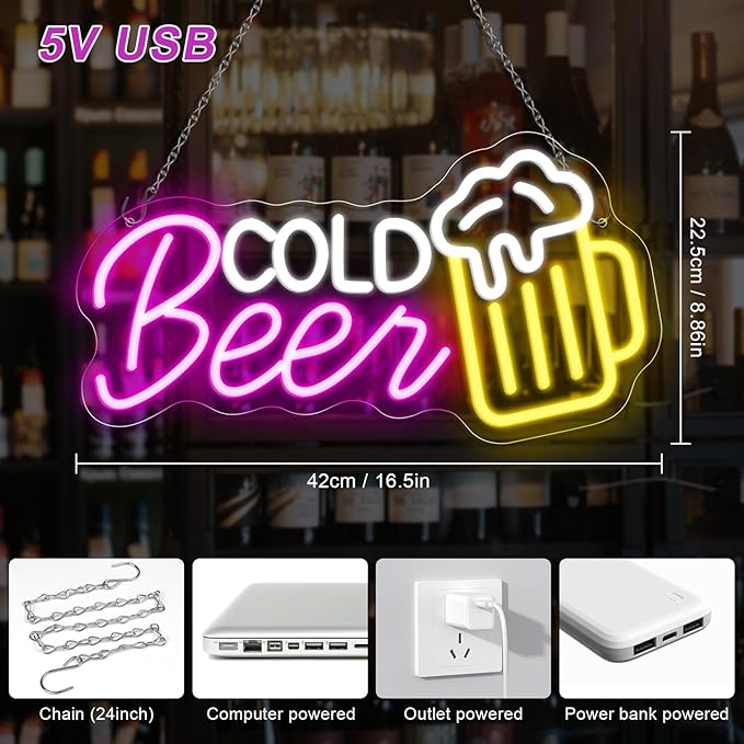 Cold Beer Neon Signs for Wall Decor, 16.5"X 9" Dimmable LED Neon Sign Powered by USB with ON/OFF Switch, Bright High Visibility Light Up Neon Signs for Home Beer Club Party Gift