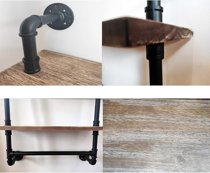 Industrial Pipe Shelf,2 Tiered Metal Towel Racks for Bathroom,20" Industrial Pipe Floating Shelves Shelving,Rustic Wood Wall Mount Shelf with Bar,Iron Towel Holder