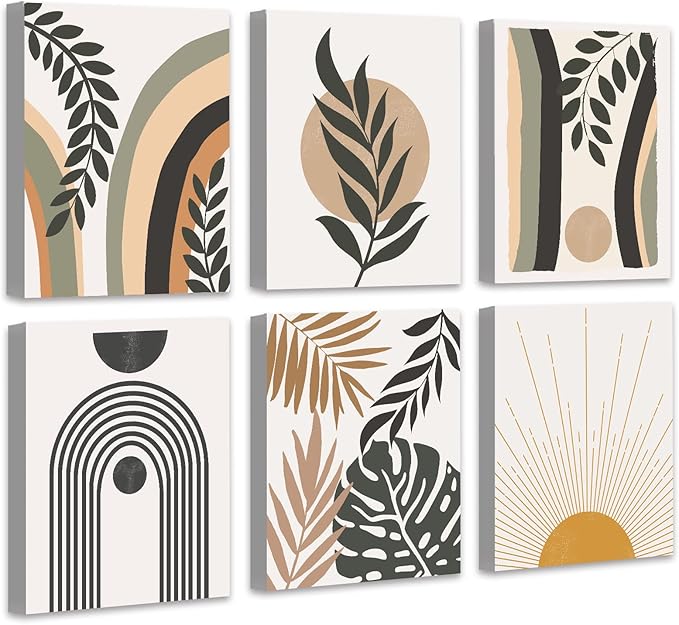 Boho Wall Art , Minimalist Wall Art , Boho Room Decor, Bohemian Moon Phases Wall Painting For Living Room Bedroom Kitchen Office Home Decor Set of 6, 8x10in (Framed)