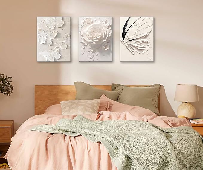 JiazuGo White Pink Butterfly Wall Decor - Modren Butterfly Flower Nursery Canvas Wall Art Contemporary Abstract Art Oil Painting Prints Bathroom Bedroom Home Decorations 12" X 16" X 3 Pieces
