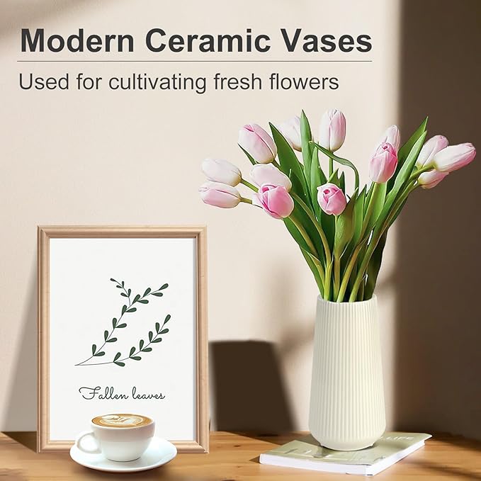 Beige Ceramic Vase, GUKJOB Small Cute Flower Vase for Pampas Grass, Home, Living Room, Dining Table, Farmhouse, Office Decor, Bedroom, Table, and Kitchen Shelf (Beige)