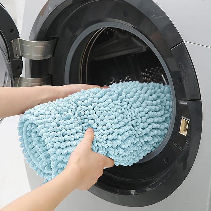 Striped Spa Blue Bathroom Rug Set 3 Pieces Ultra Soft, Non Slip Chenille Bath Carpet, Absorbent Plush Shaggy Bath Mats for Bathroom, Toilet, Bedroom, Kitchen
