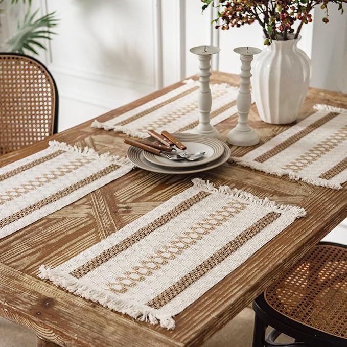 Boho Placemats Set of 4, Burlap Woven Placemat 12x19 Inches, Splicing Woven Rectangular Table Mats, Farmhouse Style Kitchen Table Decor for Rustic Wedding Bridal Shower