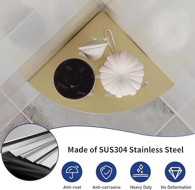 2 Pack Corner Shower Shelves 304 Stainless Steel Brushed Gold Corner Shower Shelf Quick Drainage 8 in Drilling Installation