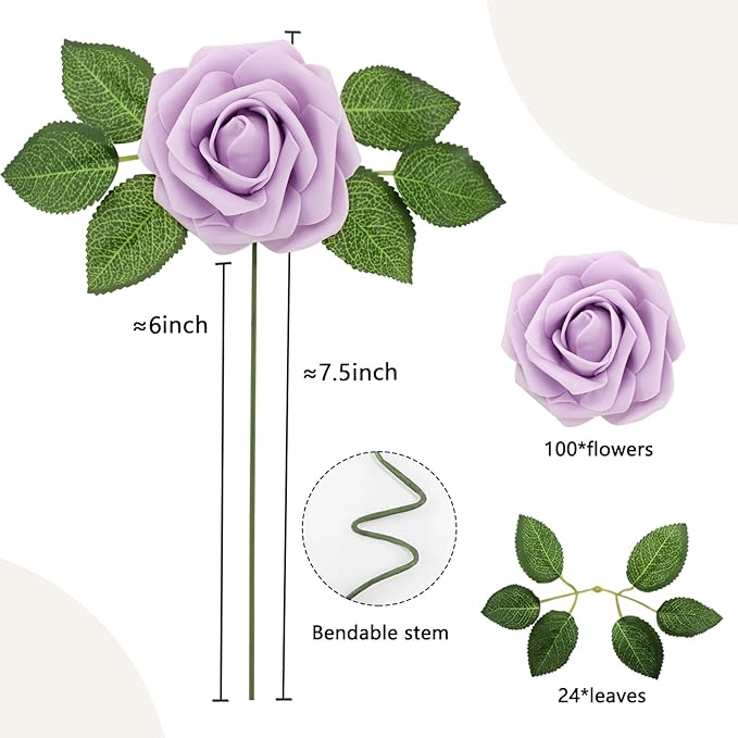 100PCS Light Purple Artificial Flowers Roses Real Looking Foam Fake Roses with Leaves for DIY Wedding Bouquets Bridal Shower Party Decorations (Lilac, 100)