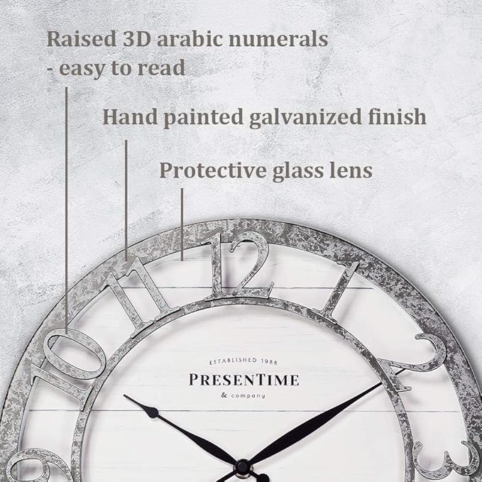 Presentime & Co 13" Farmhouse Series Wall Clock, Quartz Movement, Shiplap Style,Raised 3D Arabic Numeral, Galvanized Finish