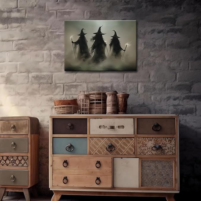 ILLBDR Halloween Vintage Witchy Wall Art Prints Creepy Gothic Dark Moody Pictures Decor Dark Academia Witches Victorian Painting Canvas Posters for Bedroom Bathroom 16x24 inch Framed