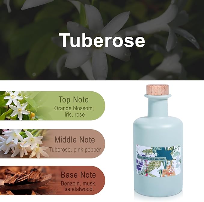 Reed Diffuser Set - Tuberose Essential Oil, 200ml/6.8fl oz Orange Blossom Floral Aroma Scented Oil, Sandalwood Aroma Aromatherapy, Home Fragrance with Rattan Sticks for Room Decor