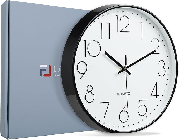 Lafocuse 12 Inch 3D Numbers Silent Black Wall Clocks Battery Operated, Analog Wall Clock for Living Room Decor, Reloj de Pared Modern Decorative Kitchen Wall Clock for Bedroom Home Office