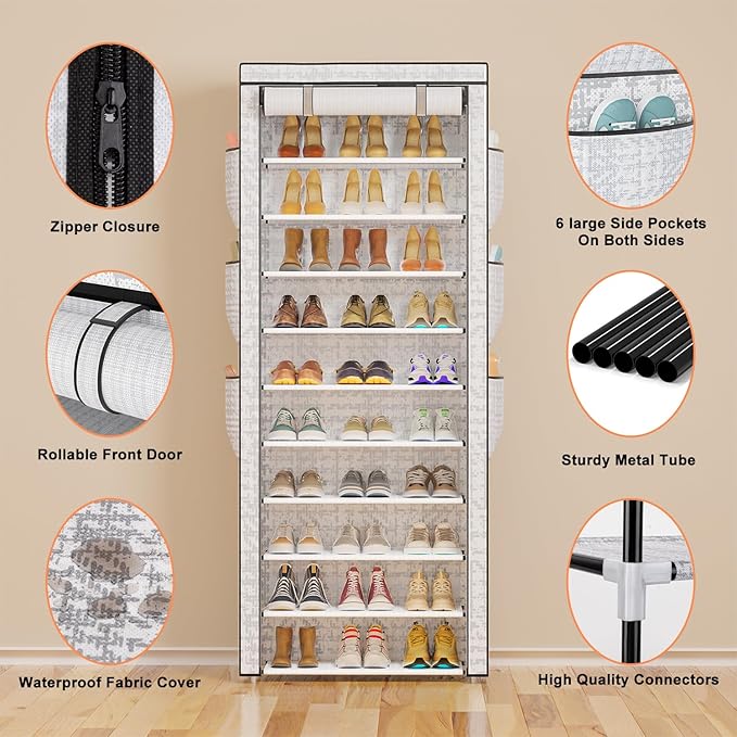 Shoes Rack 10 Tier Tall Shoe Rack with Storage Pockets, Fabric Covered Shoe Racks,Metal Shoes Rack Organizer for Closets,Bedroom, Garage