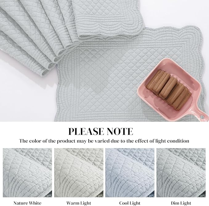 HOMBYS Quilted Placemats Set of 6 Washable-13x18 inches Rectangular Placemats for Kitchen Table-100% Cotton Fabric Rectangular Table Mats, (Light Grey)