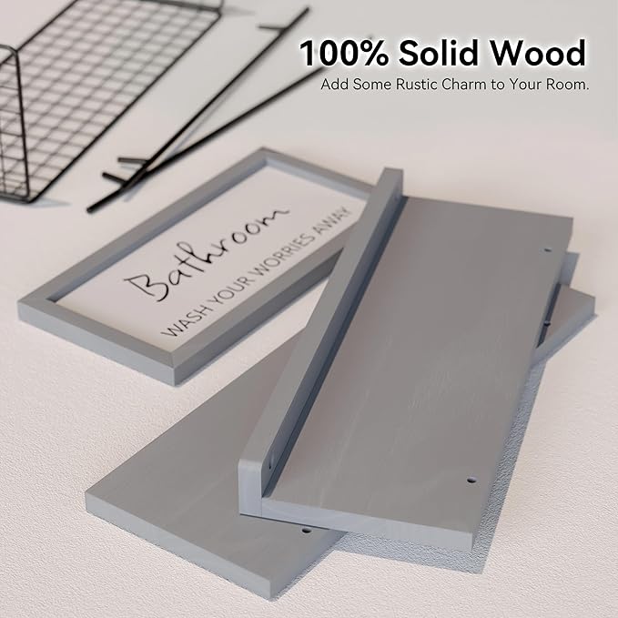 WOPITUES Floating Shelves for Bathroom Wall Decor Sign, Bathroom Organizers and Storage, Bathroom Shelves Over Toilet with Metal Guardrail-Modern Grey