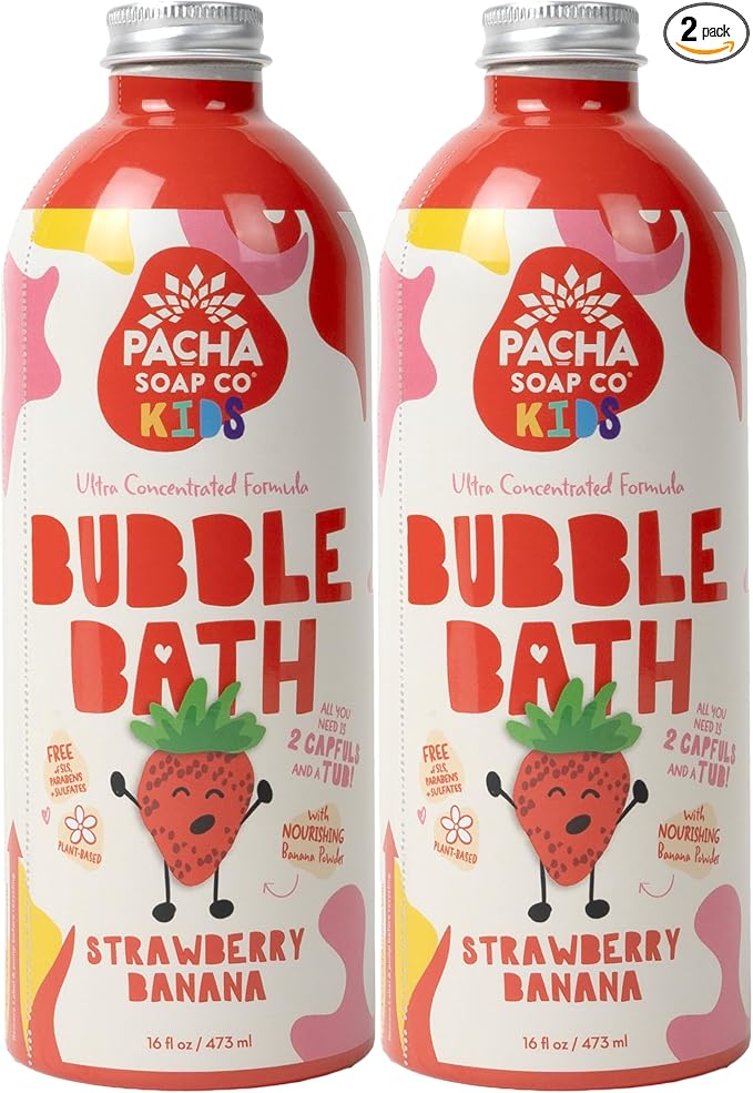 Pacha Soap Co. Kids Bubble Bath, Strawberry Banana, 2 Pack - Make Bathtime Fun & Squeaky Clean, Ultra-Concentrated, Foaming, Plant-Based, Vitamin Rich, Non-Toxic, Tear-Free, Recyclable