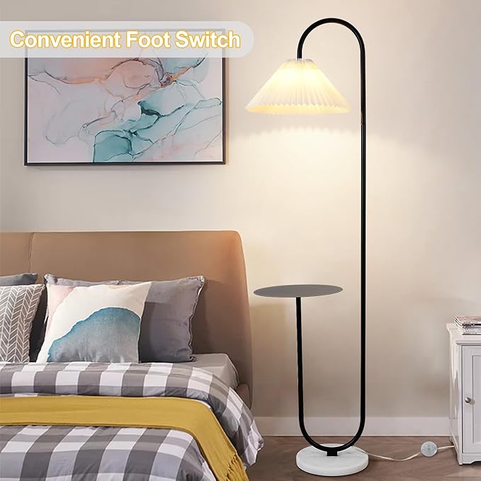 beaysyty Modern Elegant with Tray Floor Lamp for Office Cafe Den Living Room Bedroom, Foot Switch and Black Paint, White Pleated Cloth Lampshade