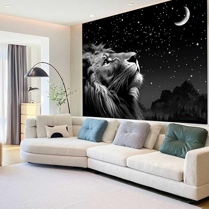 Boziqr Cool Lion Wall Hanging, Space Stars Moon Wall Art for Men, Aesthetic Black Wall Hanging for Bedroom, Living Room, Dorm Room Decor - 60x40 Inches
