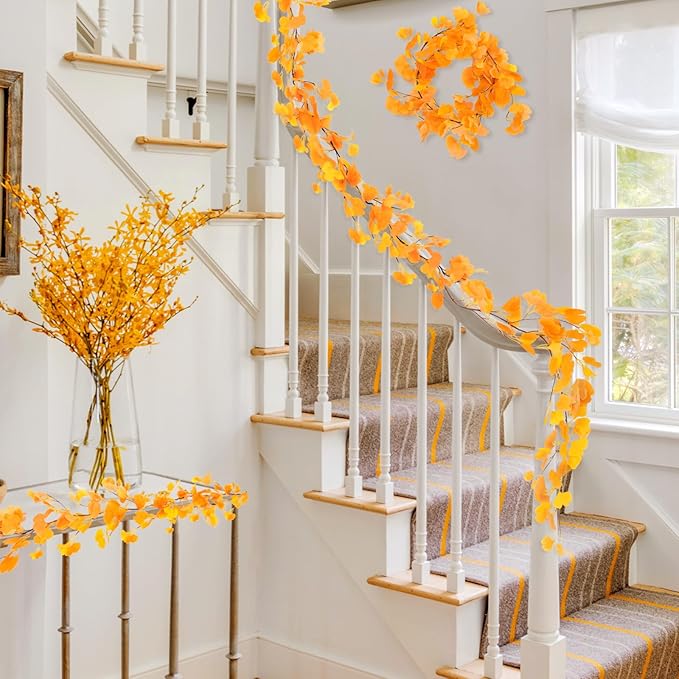 RECUTMS Artificial Fall Garland Hanging Ginkgo Biloba Twigs Vines 2Pcs 5.57FT Fake Ginkgos Leaf Rattan Faux Ivy for Thanksgiving Christmas Party Wedding Indoor Outdoor Home Fence Fireplace Table Decor
