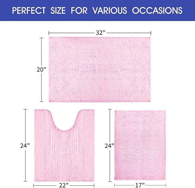 ACCUMTEK Striped Pink Bathroom Rug Set 3 Pieces Ultra Soft, Non Slip Chenille Toilet Mat, Absorbent Plush Shaggy Bath Mats for Bathroom, Bedroom, Kitchen