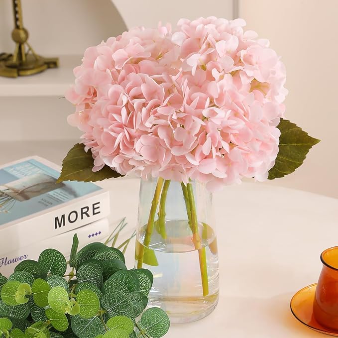 Tifuly Fake Hydrangea Artificial Flowers with Vase 4pcs Real Touch Faux Hydrangea with 3pcs Eucalyptus Stems for Wedding Centerpiece Home Party Table Decoration(Pink)