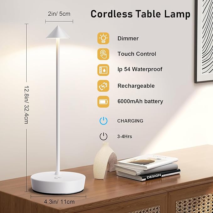 Set of 2 Rechargeable Cordless Table Lamp,6000mAh LED Battery Operated Desk Lamp Touch 3 Color Dimming Portable Outdoor Waterproof Table Light for Patio/Restaurant/Dining/Home (White)