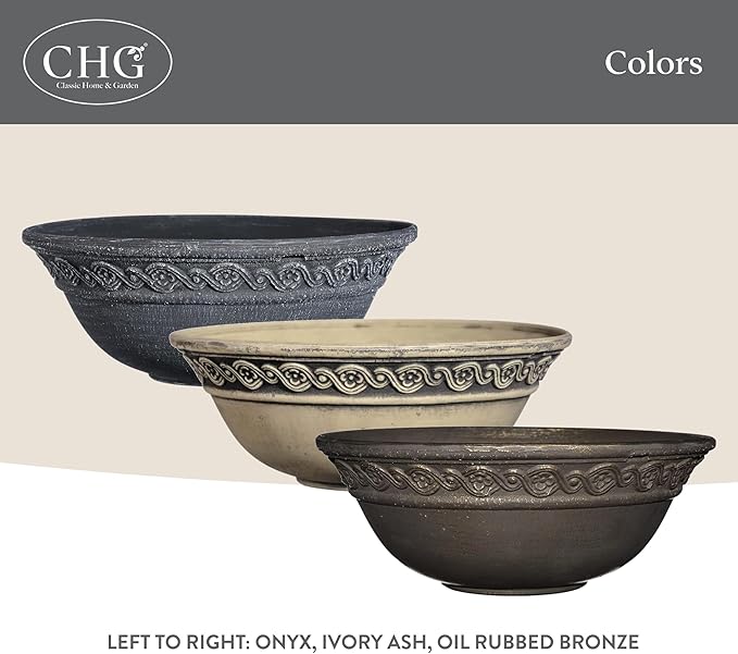 Classic Home and Garden Corinthian Shallow Planter with Drainage - Decorative Garden Bowl Planter for Succulents, Flowers, & More - UV Resistant Wide Plant Bowl for Indoors/Outdoors (12” Ivory Ash)