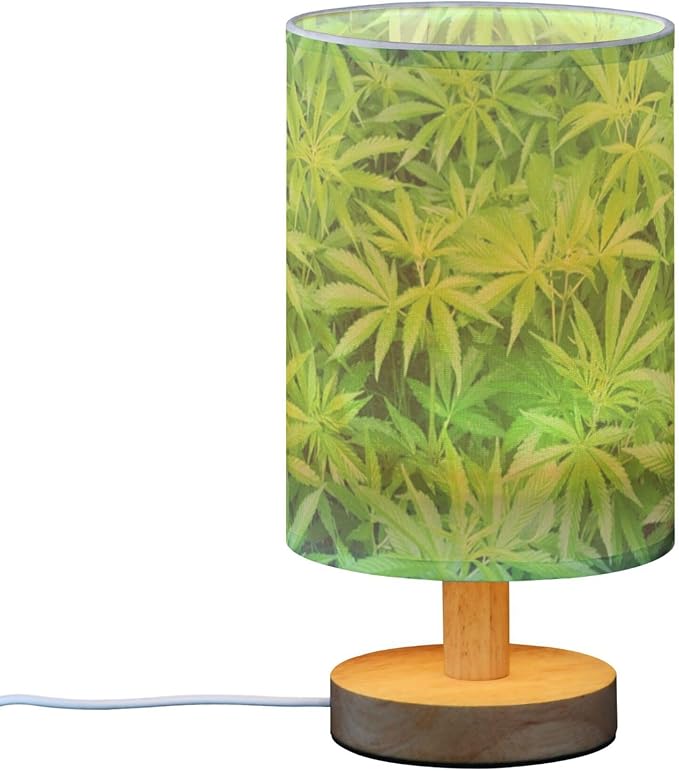 Table Lamp Marijuana Plant Green Cannabis Hemp Leaf Nightstand Lamp with Wood Base Fabric Lamp Shade Bedside Desk Lamp for Living Room Bedroom Kids Room Office