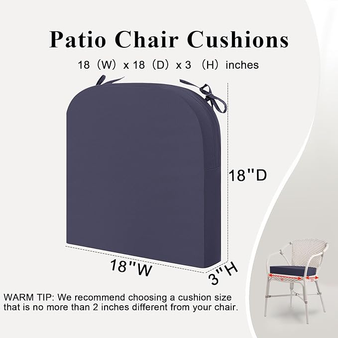 Outdoor Chair Cushions Set of 2, Waterproof Memory Foam Patio Seat Cushions with Ties for Garden Sofa & Dining Furniture, 3-Year Color Fastness, 18x18x3 Inch, Grey